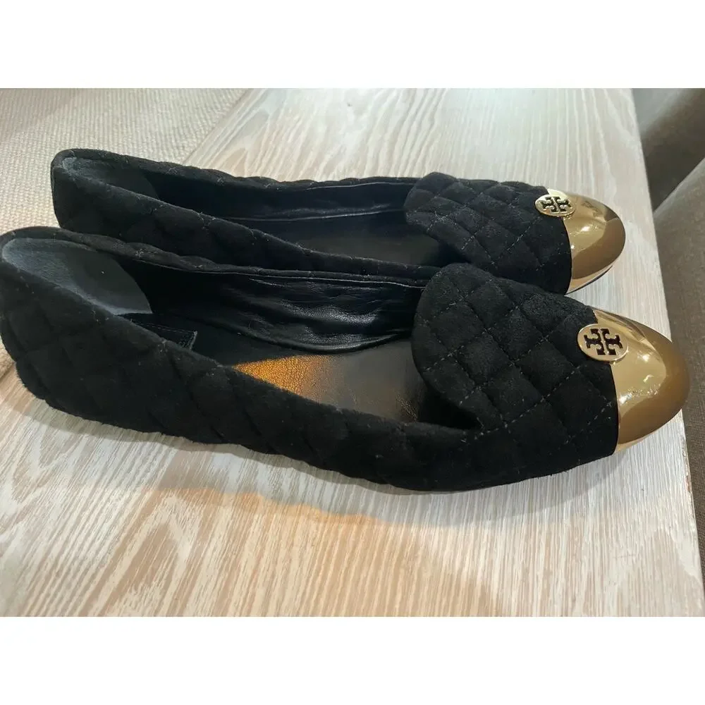 Tory Burch Women's Kaitlin Quilted Suede Ballet Flats Black/Bronze Size 9298